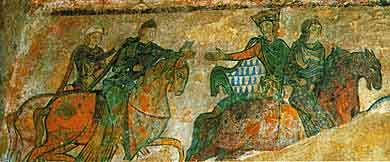 Aliénor d'Aquitaine amenant sa petite fille Blanche à Louis VIII le Lion pour les marier - Fresque de la chapelle Sainte-Radegonde à Chinon.